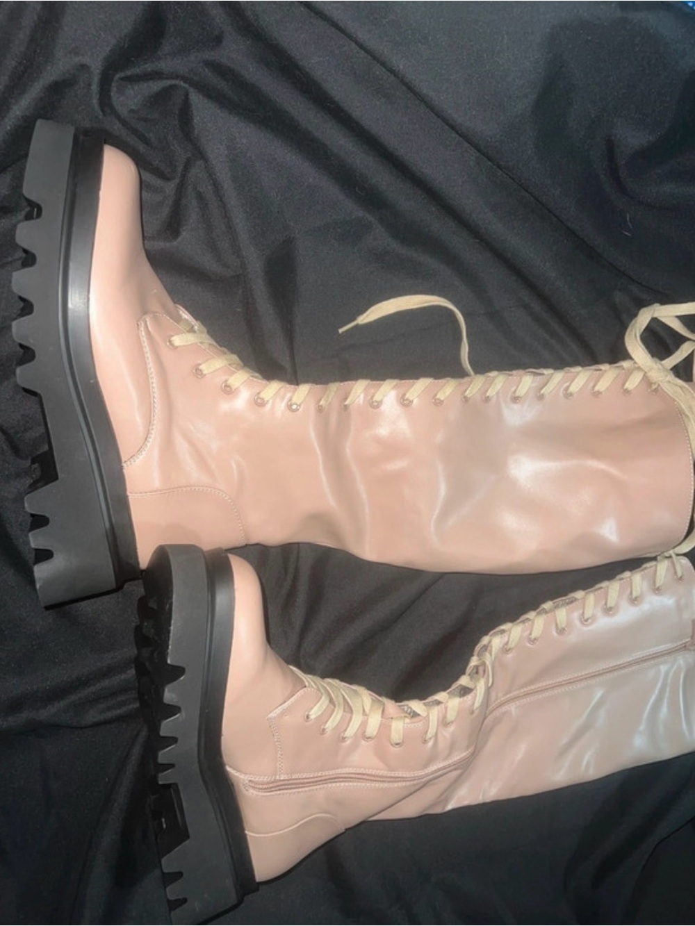 Neutral Pink Lace-Up Platform Combat Boots - Women